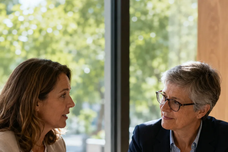 Two professionals seated at a small round table in a sunlit corner, one mid-explanation with hands gesturing, the other listening with pen poised over a notebook &mdash; the conversation where two professionals decide to work together.