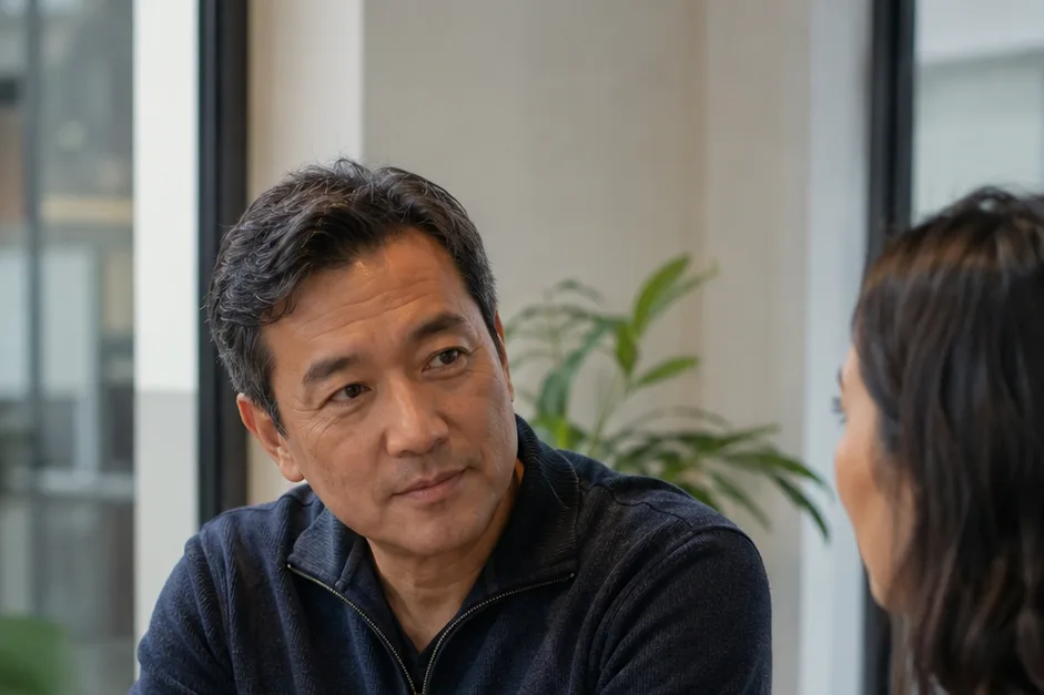 A manager leaning in to listen during a quiet, supportive one-on-one conversation with a team member.