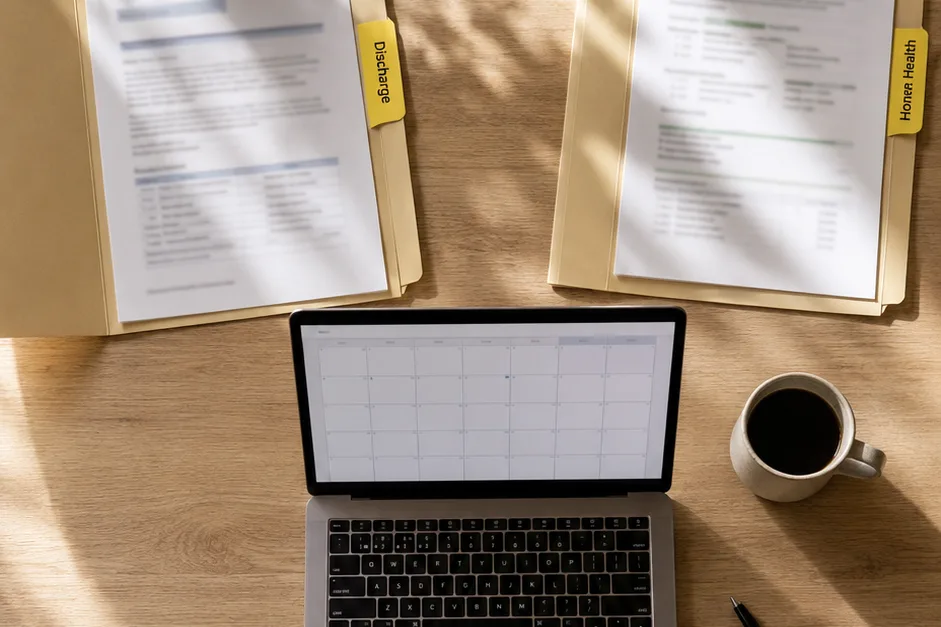 Wide overhead flat-lay on a light wood conference table: four open manila folders labeled Discharge, Home Health, Geriatric Care, and Benefits Broker arranged around a laptop, coffee cup, and pen &mdash; different partner types, one shared layer.