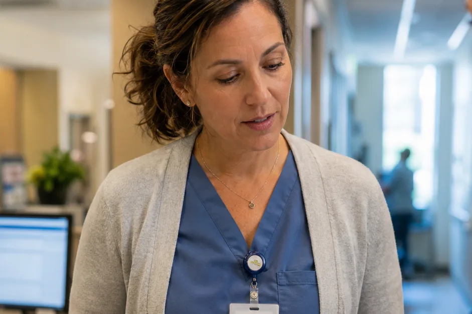 A mid-40s discharge planner at a hospital nursing station mid-morning, reviewing a tabbed referral folder with a colleague — focused competence.