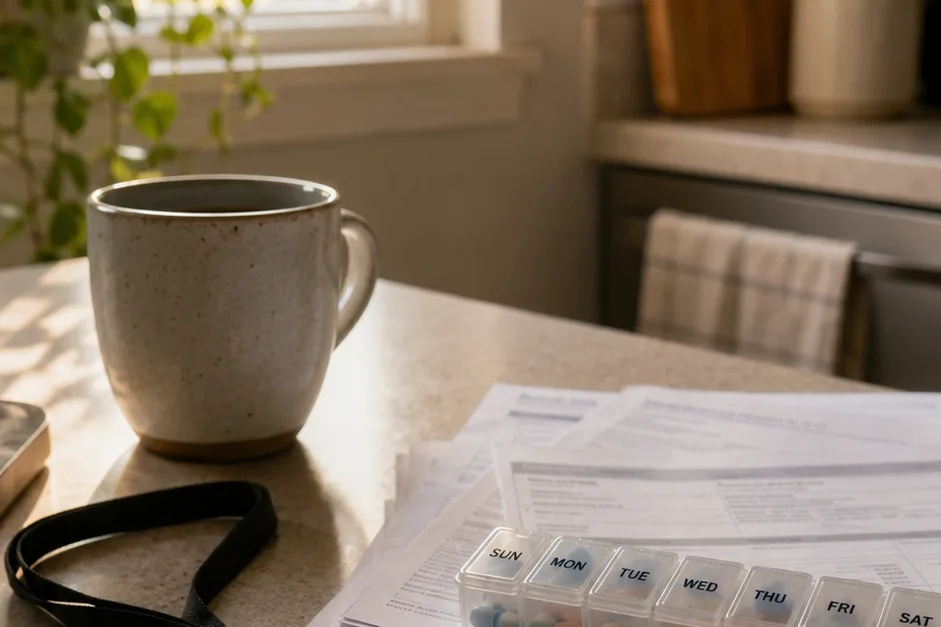 An office badge and car keys on a kitchen counter beside a parent's medical paperwork and a pill organizer - the return-to-office workday and caregiving load side by side.
