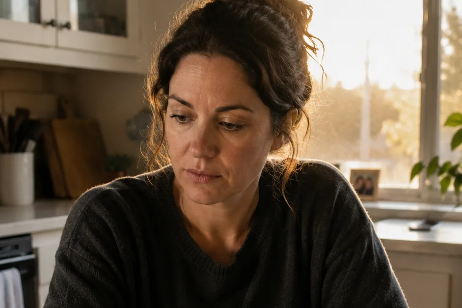 Late-30s professional at her kitchen table on a Sunday evening, paused over an open notebook and a stack of paperwork