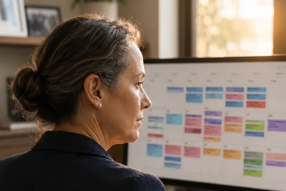 A senior professional at their desk looking at a calendar where work meetings and a parent's medical appointments overlap in the same week.