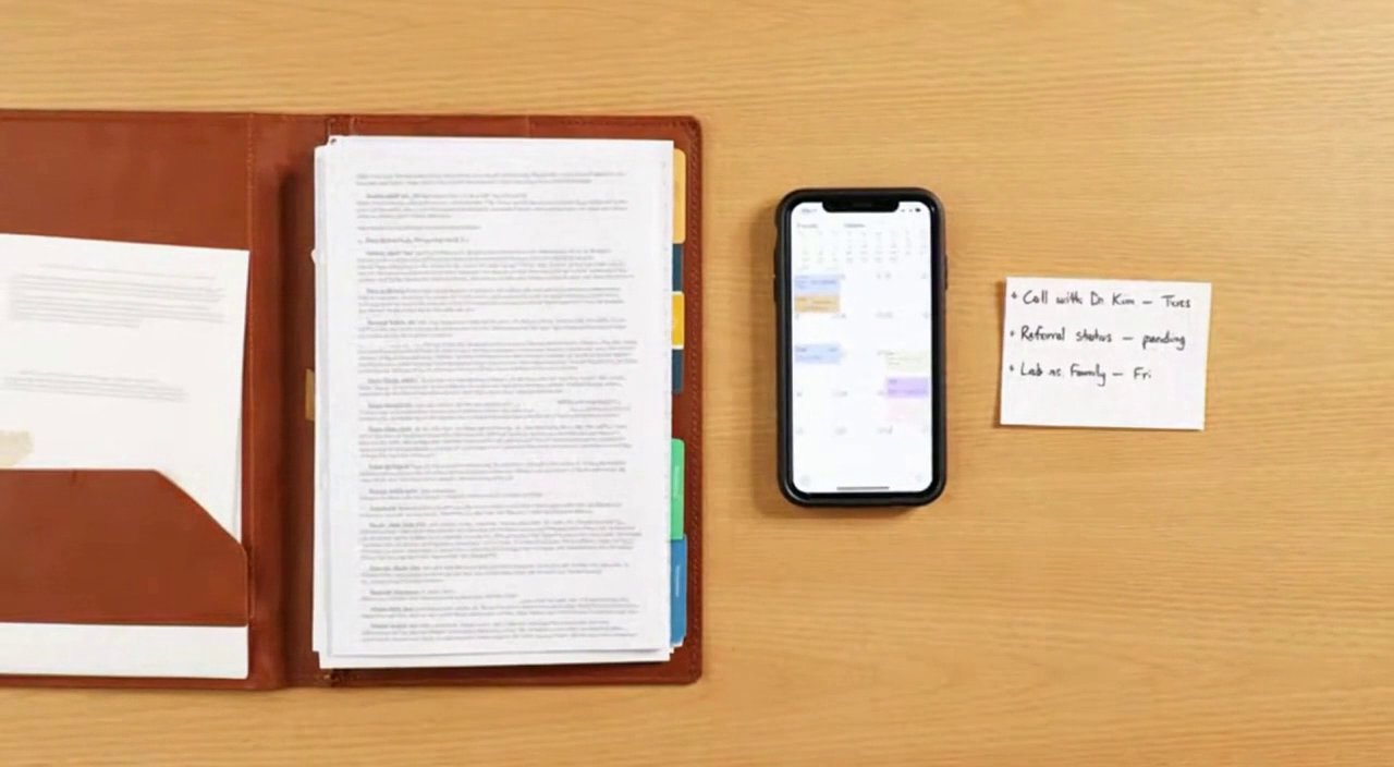 Organized leather folder, phone calendar, and care coordination notes on a wooden desk