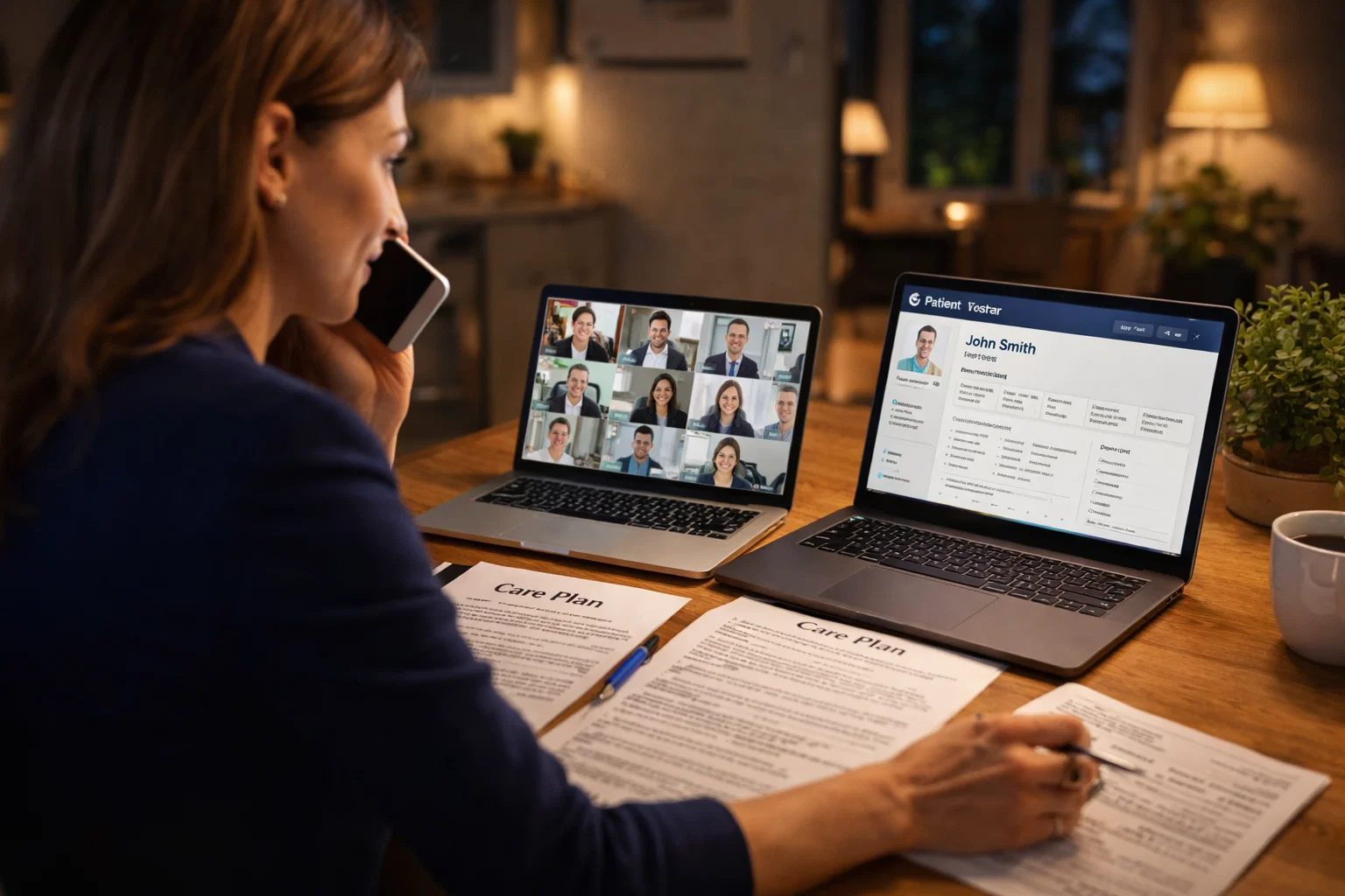 Woman coordinating care remotely at night — on the phone with a family video call and patient portal open on two laptops