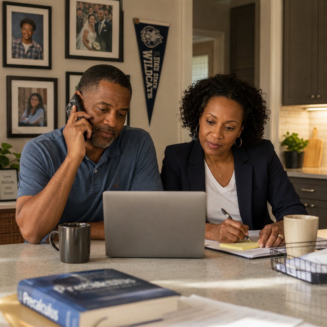 A couple in their late forties at home, coordinating a parent's care