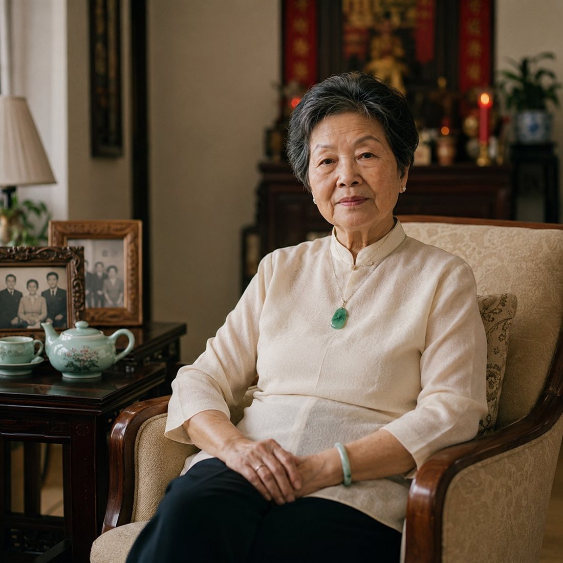 Mei-Lin, a woman in her seventies, at home