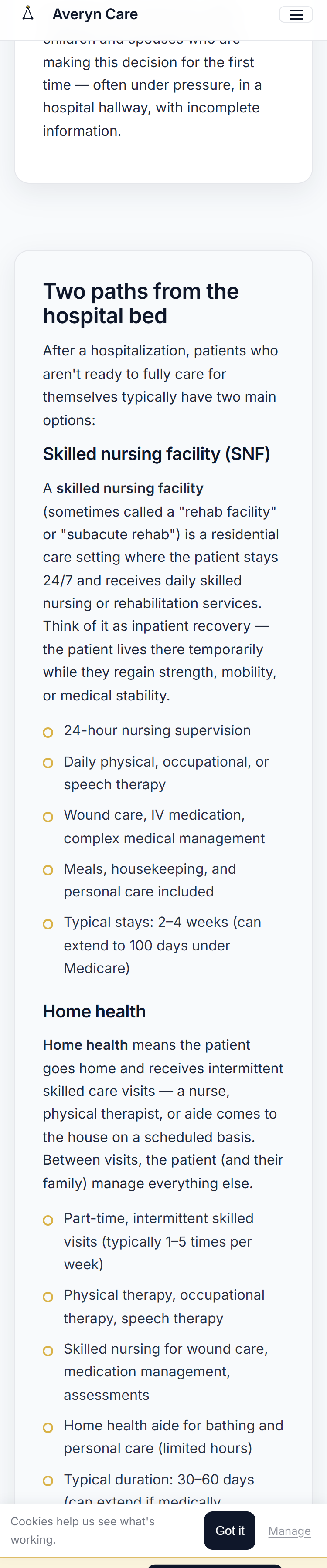 Rehab / skilled nursing vs. home health — comparing options after a hospital stay