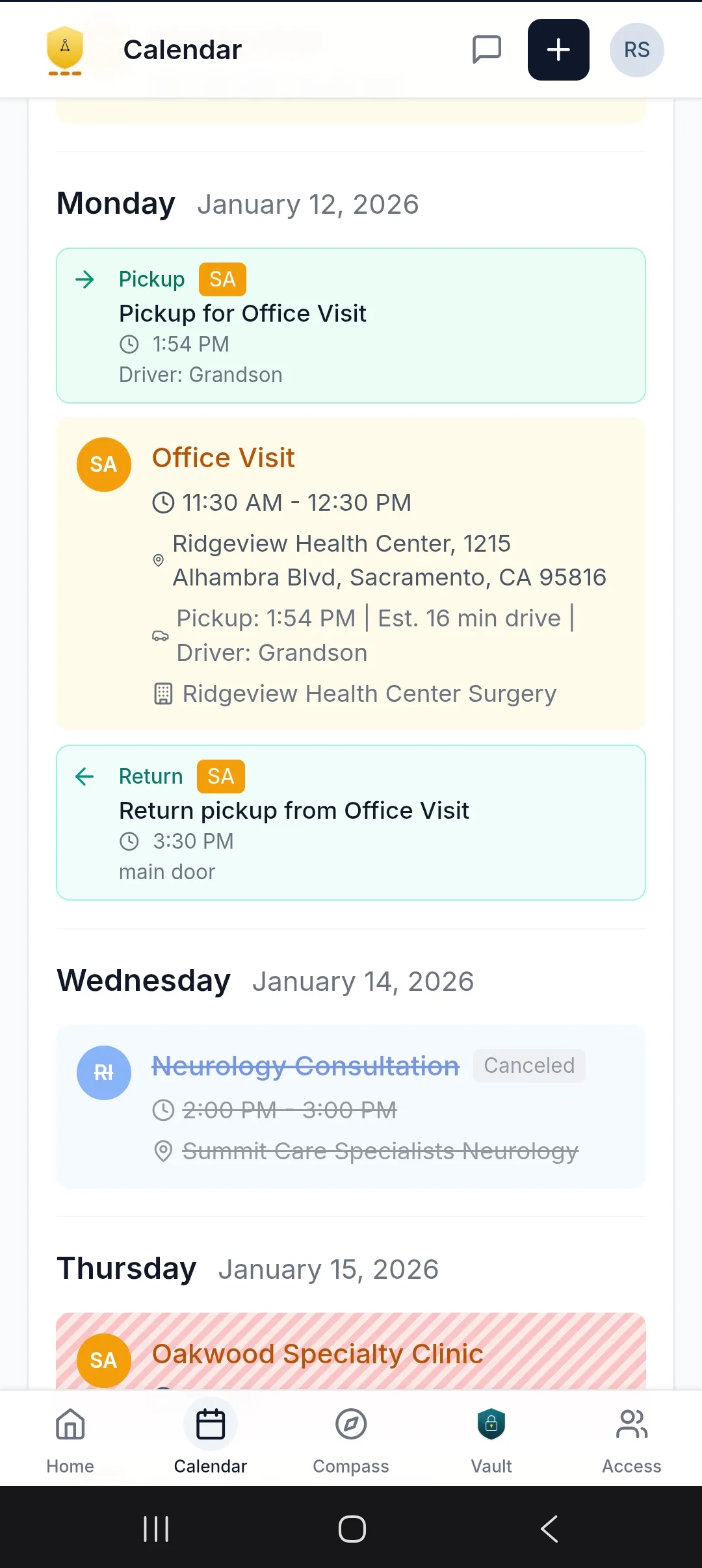 The Averyn app calendar in agenda view, showing a Monday office visit with the clinic address, the pickup time and driver before it, and the return pickup after it