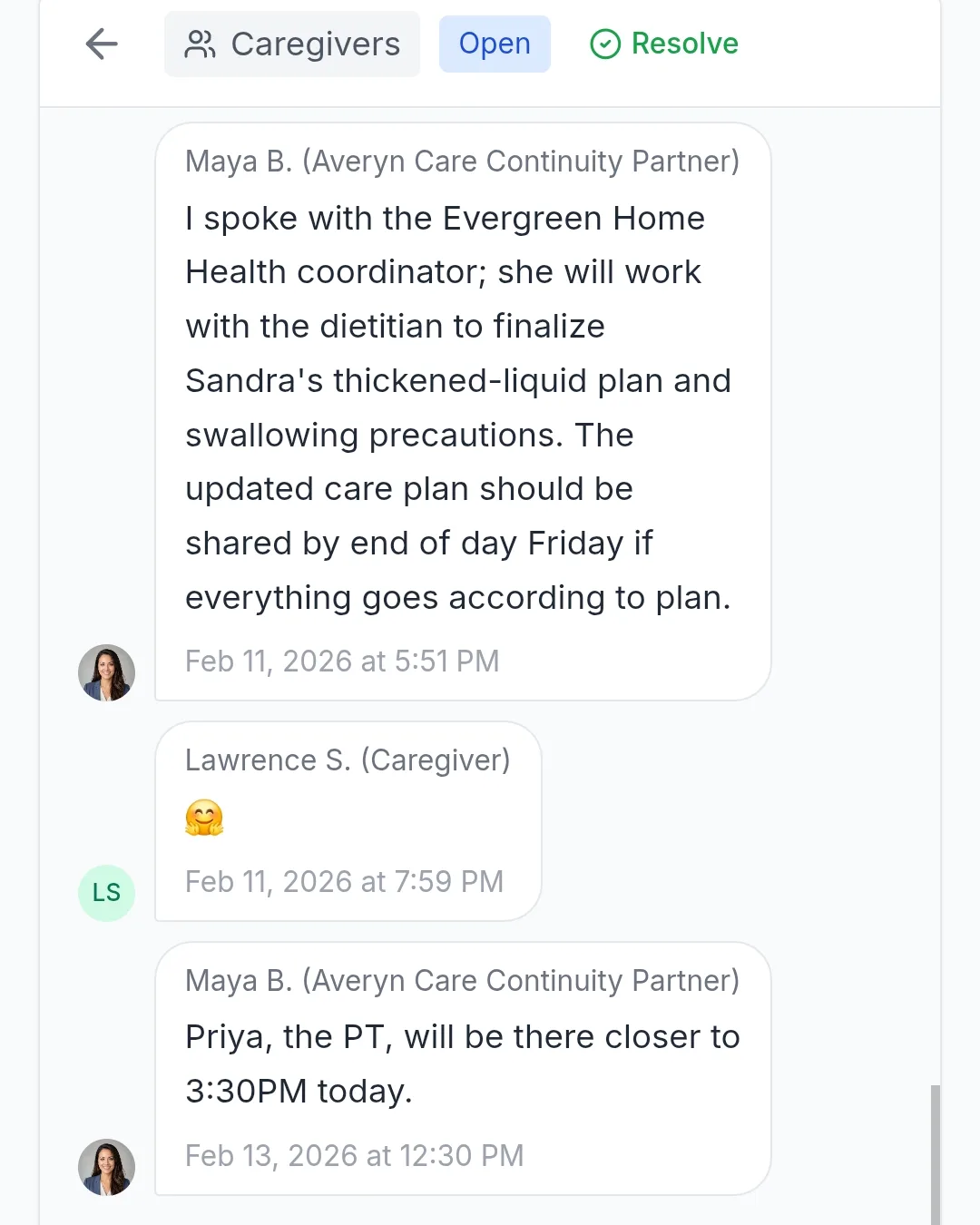 A caregivers thread in the Averyn app, where the Care Continuity Partner reports a call with the home health coordinator and a caregiver replies