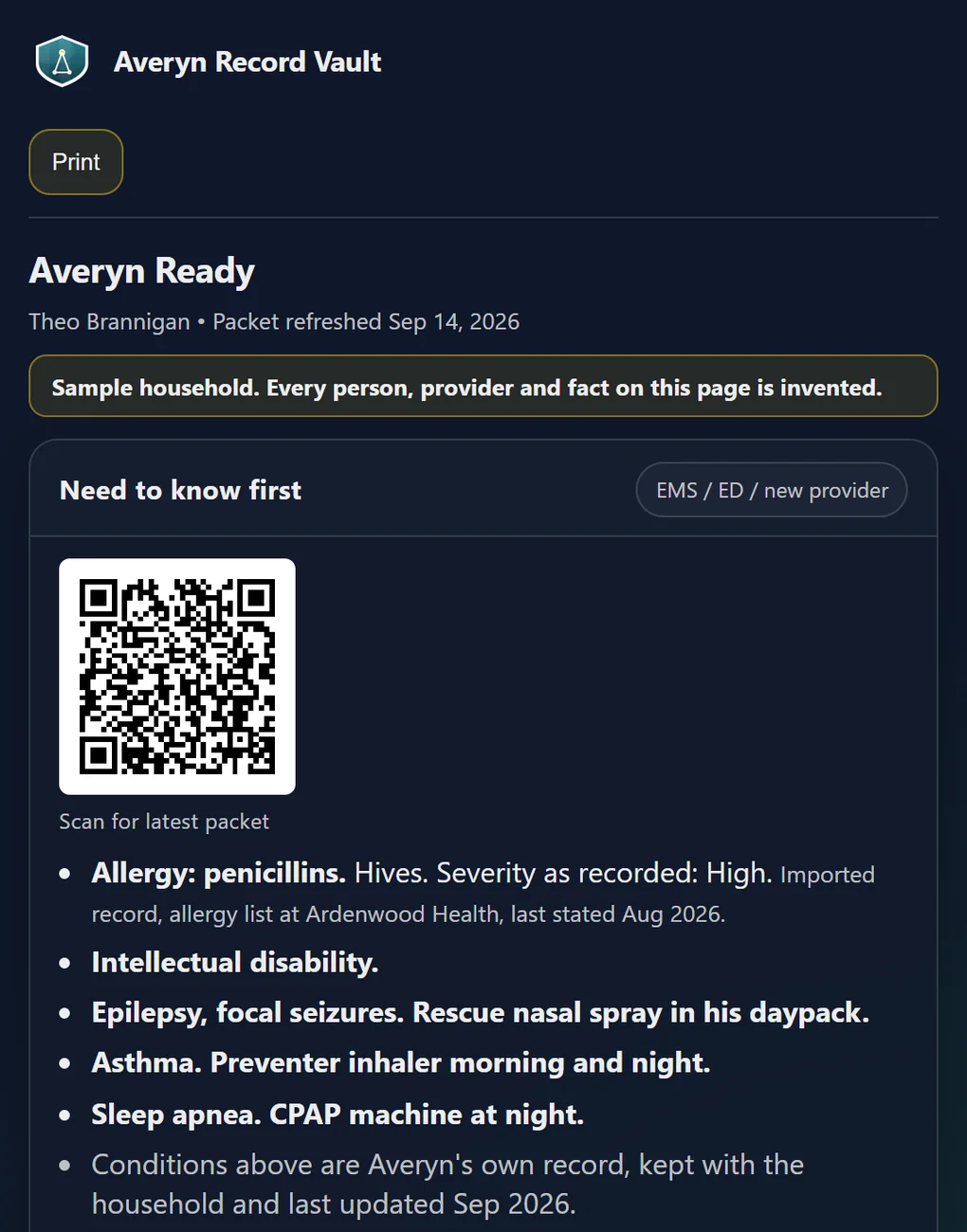 The Averyn Ready packet for a young adult household, showing allergies, conditions, medications and the people to call