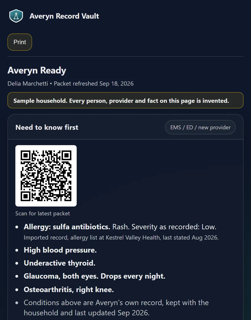 The Averyn Ready packet, showing conditions, medications and key contacts